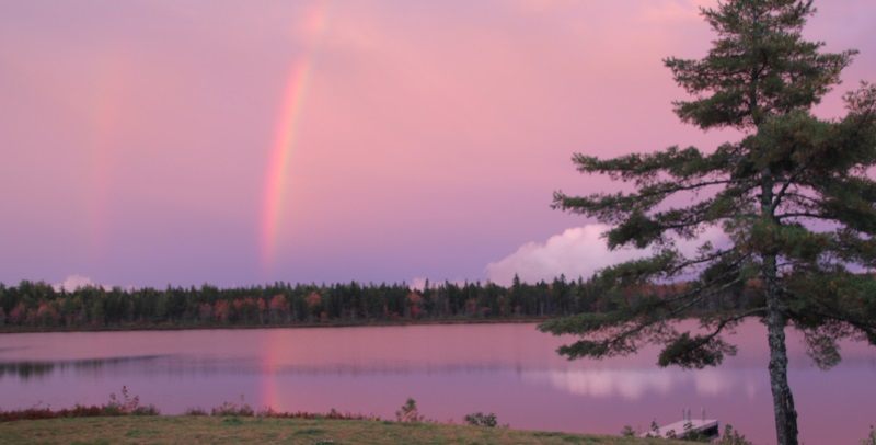 View of Harris Lake with rainbow